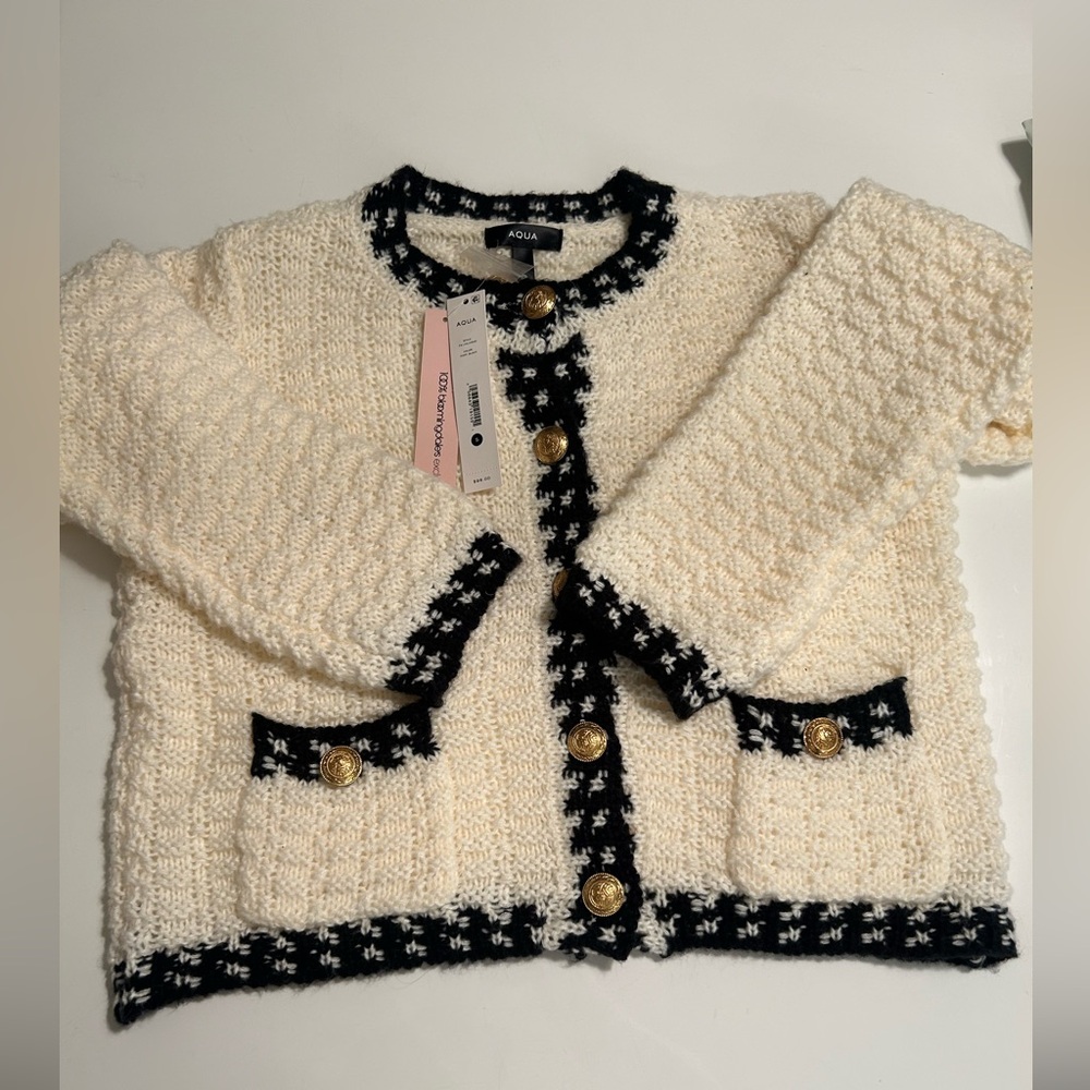 Aqua from Bloomingdales Ivory and Black Knit Cardigan with Gold Buttons